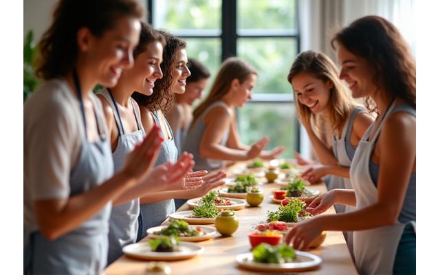 ヨガとスパイス料理のクラス風景。参加者が笑顔で調理している。