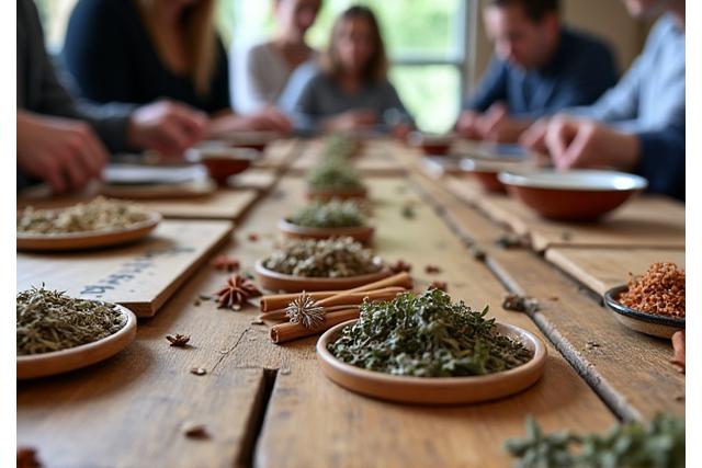 和漢ハーブとスパイスが並べられたテーブル。参加者が熱心に説明を聞いている。